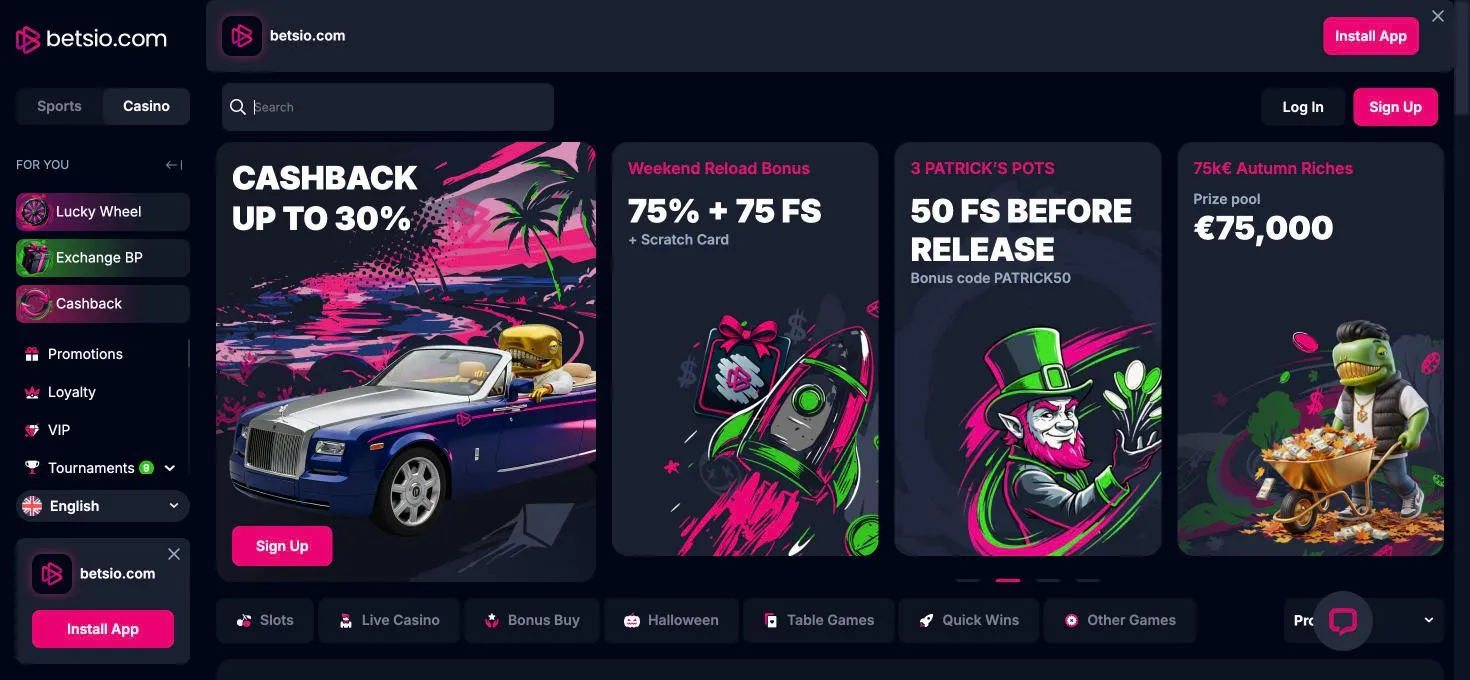 Betsio página inicial com acesso a cassino e apostas esportivas