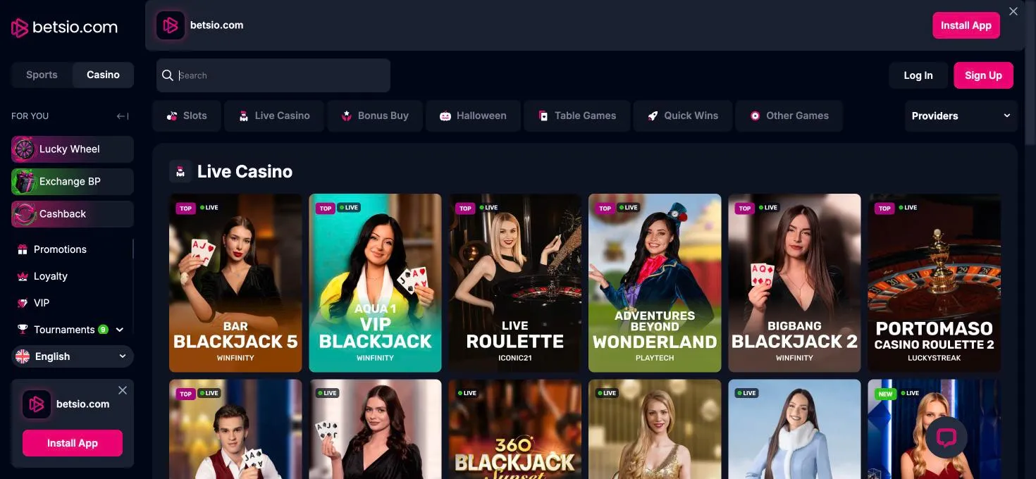 Betsio cassino ao vivo com mesas de roleta e blackjack