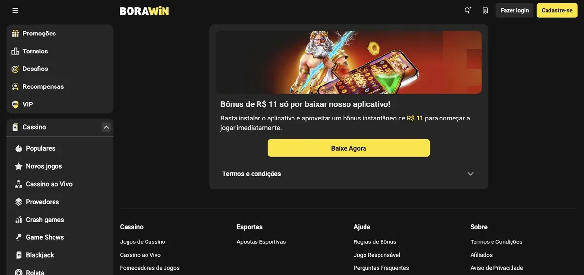 Borawin app - promoção de R$ 11 de bônus por baixar o aplicativo