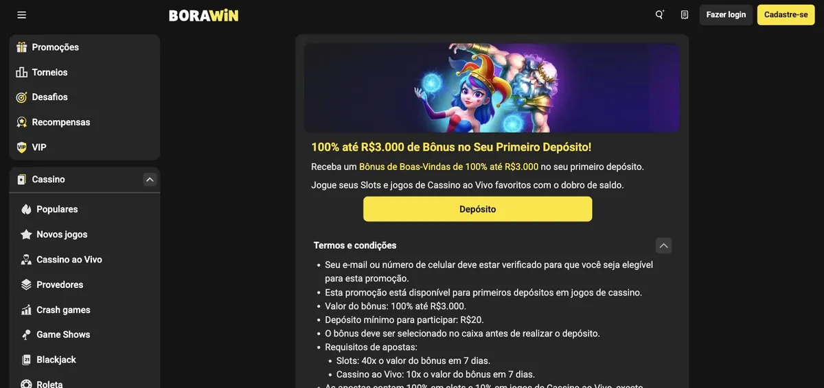 Borawin bônus - regras da oferta de 100% até R$ 3.000 no primeiro depósito