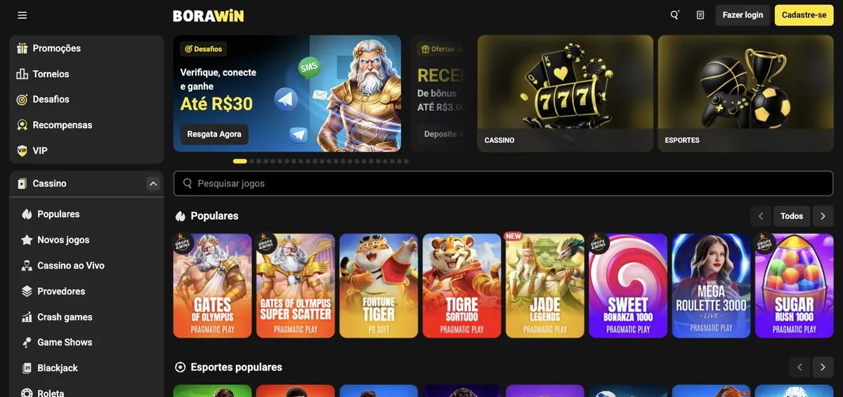 Borawin cassino - página inicial em português com Gates of Olympus, Fortune Tiger e menu de promoções