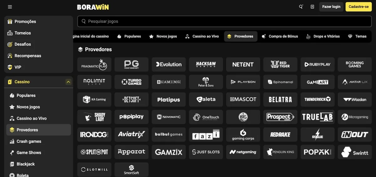 Borawin provedores - Pragmatic Play, PG Soft, Evolution, Hacksaw e outros 46 estúdios