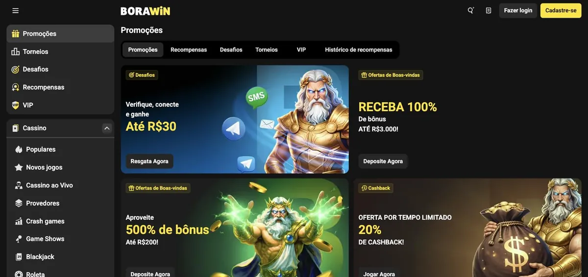 Borawin promoções - 100% até R$ 3.000, 500% até R$ 200 e 20% de cashback