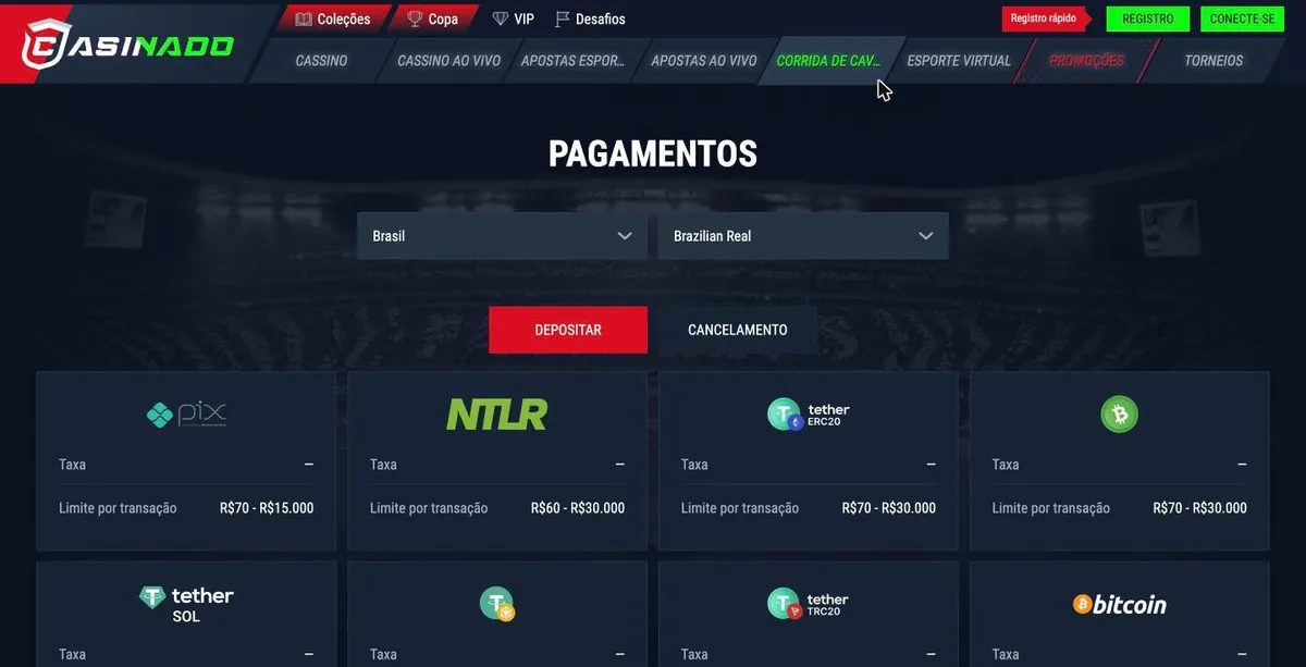 Casinado saque e depósito - Pix de R$ 70 a R$ 15.000 e cripto