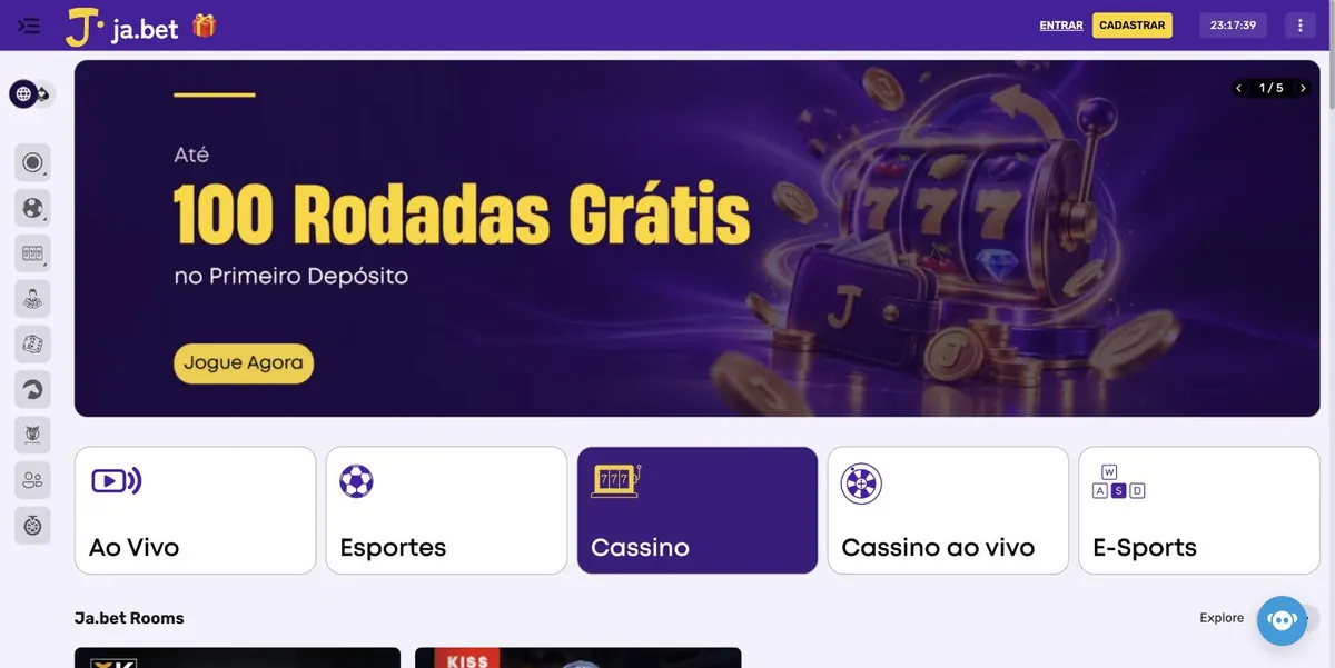 Jabet cassino - página inicial com a oferta de até 100 rodadas grátis no primeiro depósito