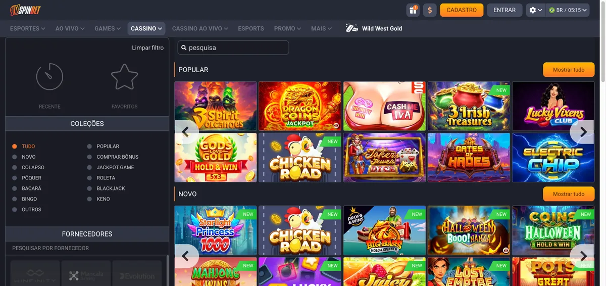 JVSpin cassino lobby com coleções Popular, Novo, Comprar bônus e Colapso
