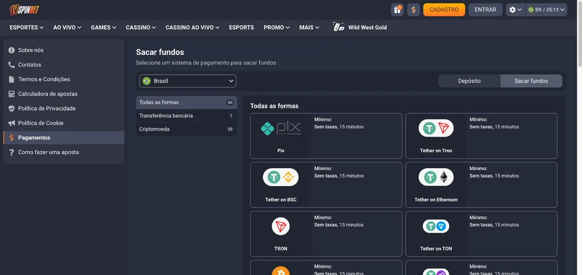 JVSpin saque - página de pagamentos com Pix e criptomoedas para o Brasil