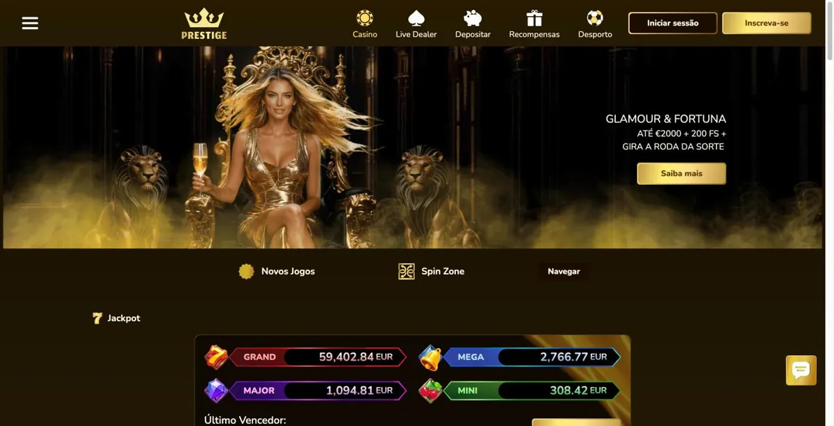 Prestige cassino página inicial com o pacote de até 2.000 euros e 200 giros grátis