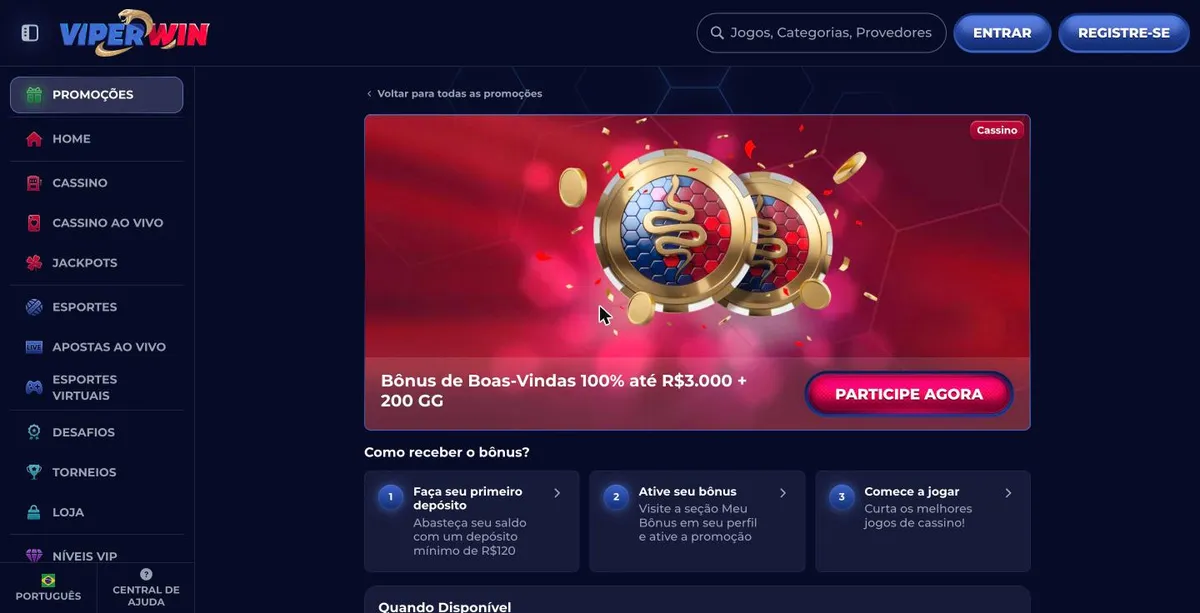 ViperWin bônus de boas-vindas de 100% + 200 giros grátis em português